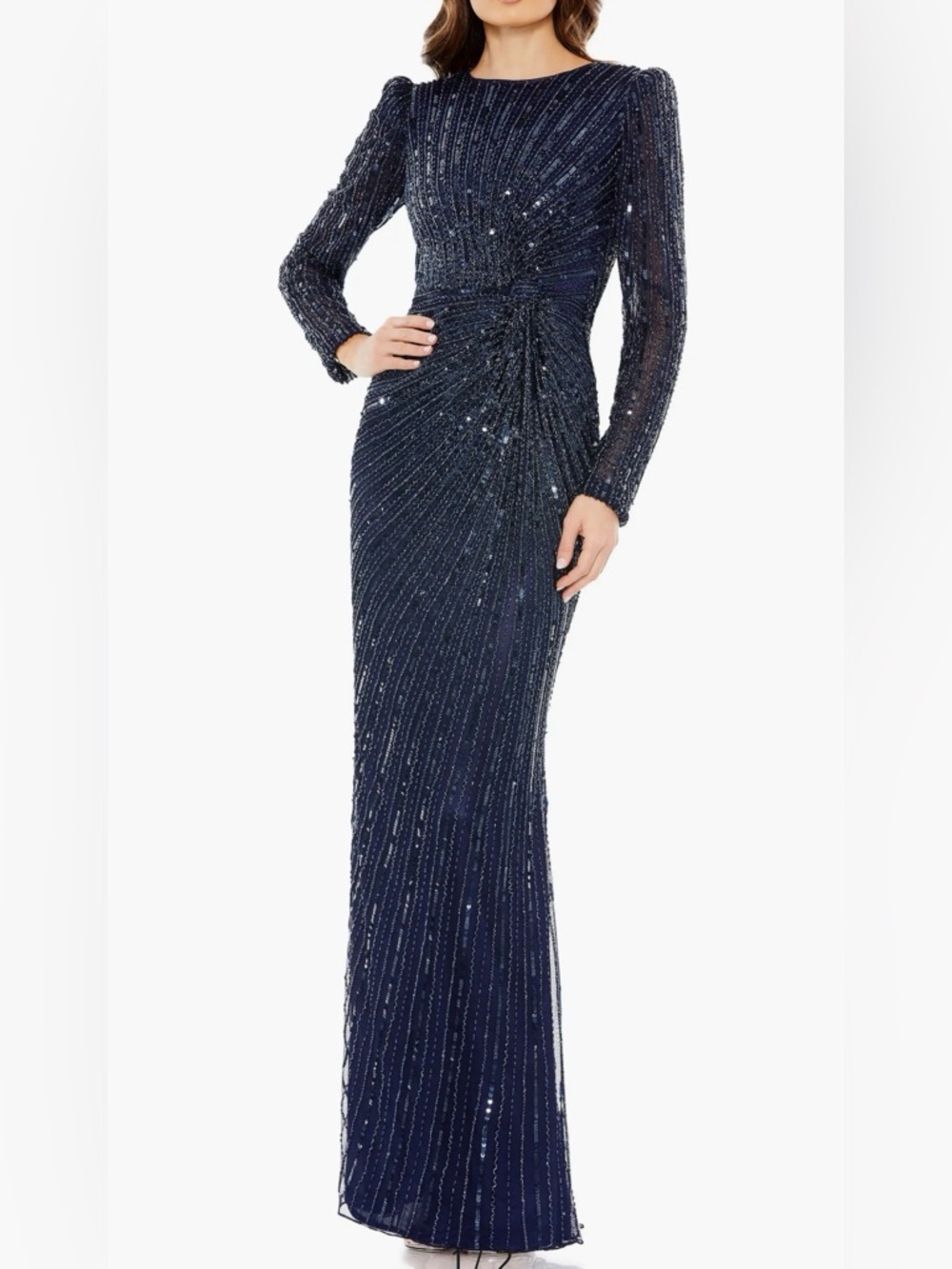 Mac Duggal Embellished Puff Sleeve Long Sleeve Side Knot Gown, Size 12